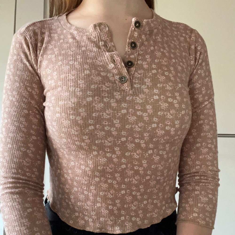 Brown long sleeve shirt with pink and white flowers